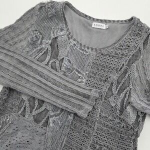 Adore Womens Grey Mixed Media Crochet Lace Asymmetric‎ Tunic Top Large L Boho